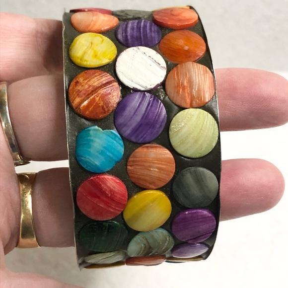 Two Silver Abalone Shell Colorful Inlay Bangle Bracelets - Picture 9 of 16